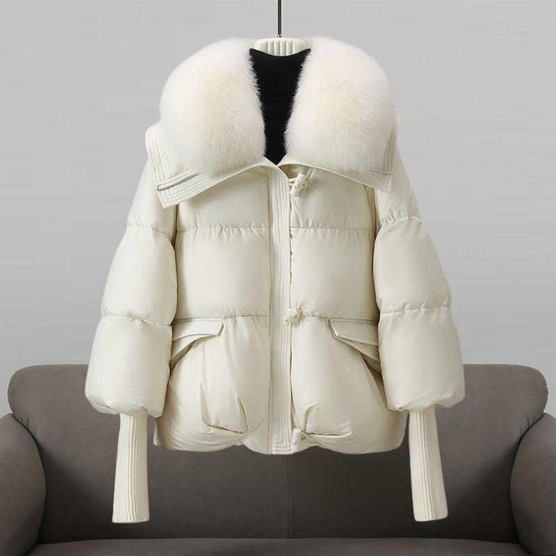 Cropped Puffer Jacket with Fur Collar and Knit Cuffs