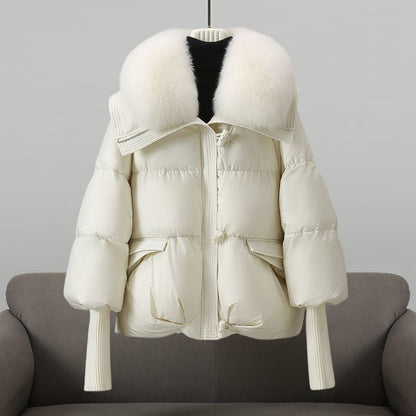 Cropped Puffer Jacket with Fur Collar and Knit Cuffs