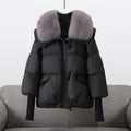 Cropped Puffer Jacket with Fur Collar and Knit Cuffs