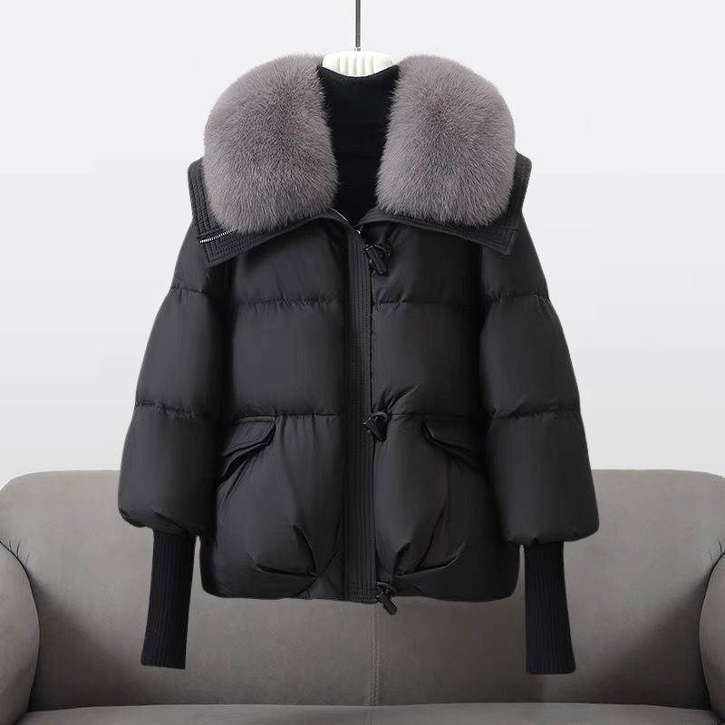 Cropped Puffer Jacket with Fur Collar and Knit Cuffs