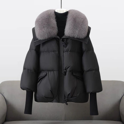 Cropped Puffer Jacket with Fur Collar and Knit Cuffs