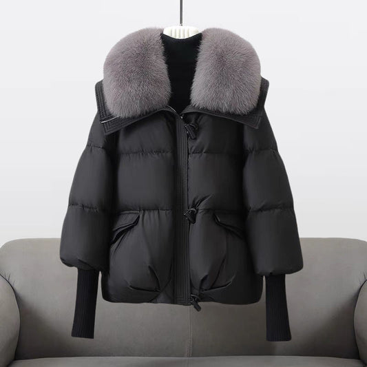 Cropped Puffer Jacket with Fur Collar and Knit Cuffs